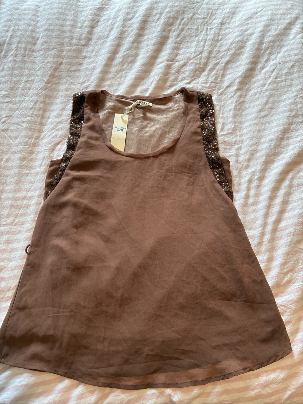 Brown Sequin-Trim Tank Top
